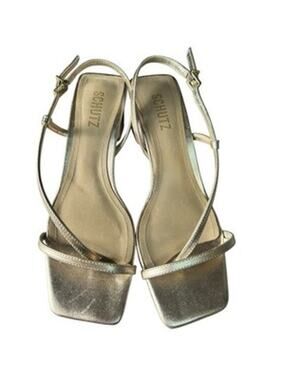 Schutz Heloise Gold Metallic Leather Strappy Slingback Block Heel Sandals 7B